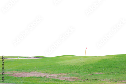 green golf mound with lush of grass and holes have red flags isolated with white background