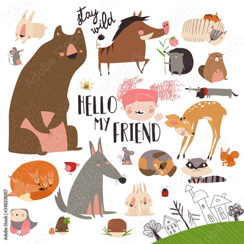 Set of cute wild animals in the forest on white background