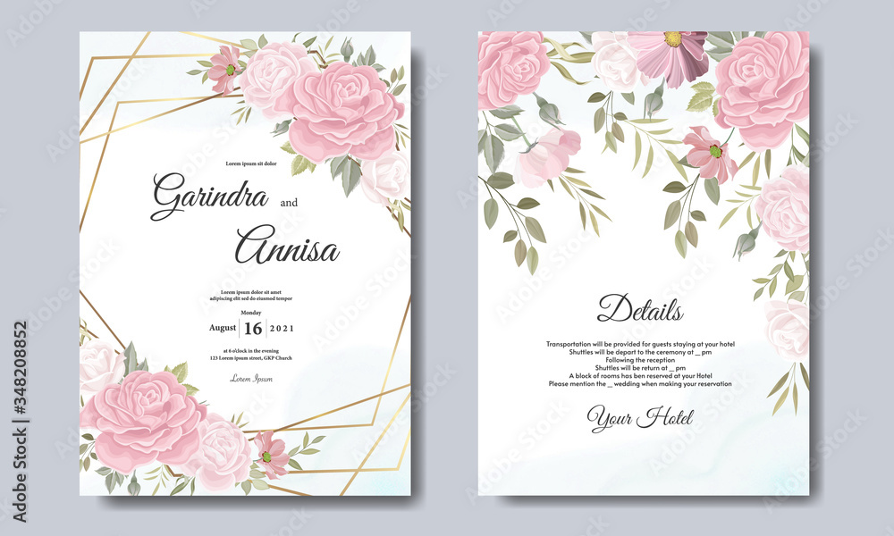 Elegant wedding invitation cards template with pink and blush roses