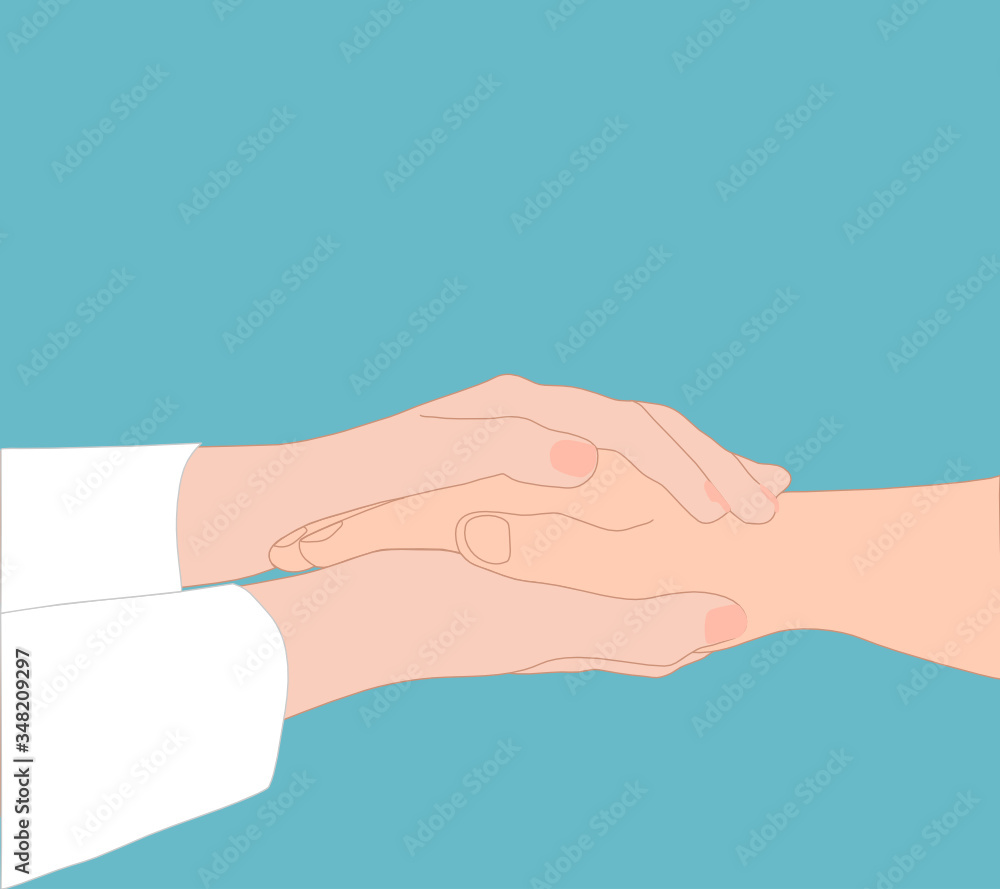 the hand of a woman who is wearing a white shirt is holding the other hand. encouragement, emphasizes, business, relationship, medical, treatment concept. the hand of a woman who is wearing a white shirt is holding the other hand. encouragement, emphasizes, business, relationship, medical, treatment concept.