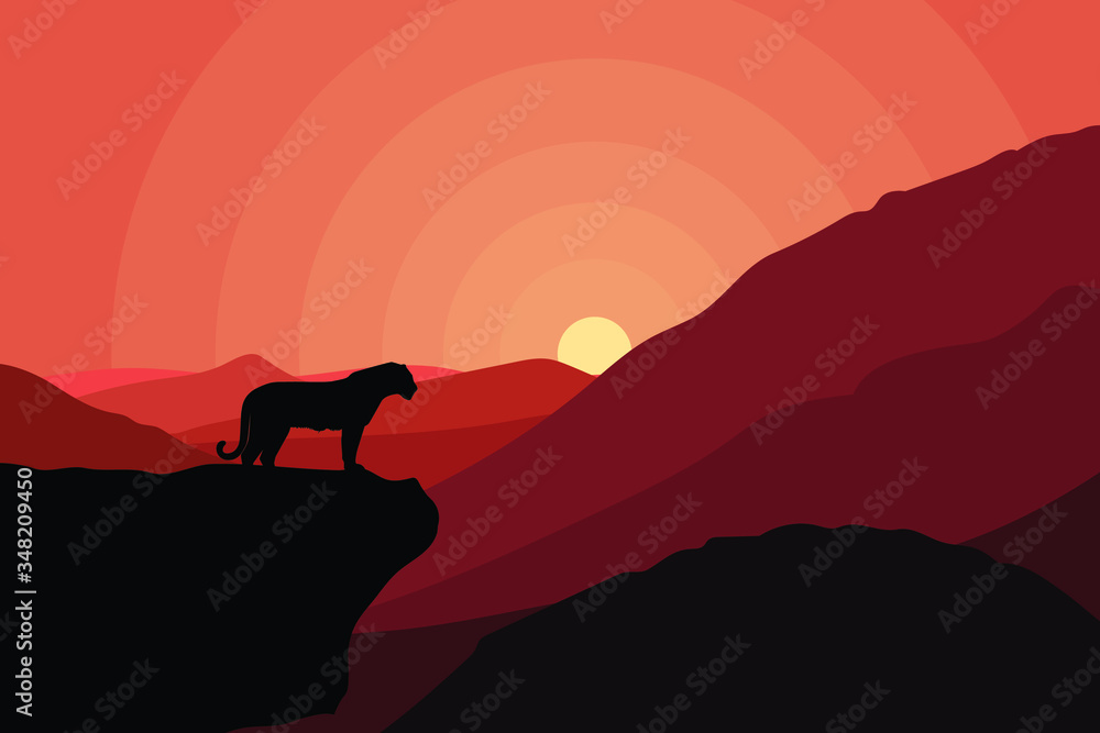Tiger on sunset vector illustration landscape, silhouette