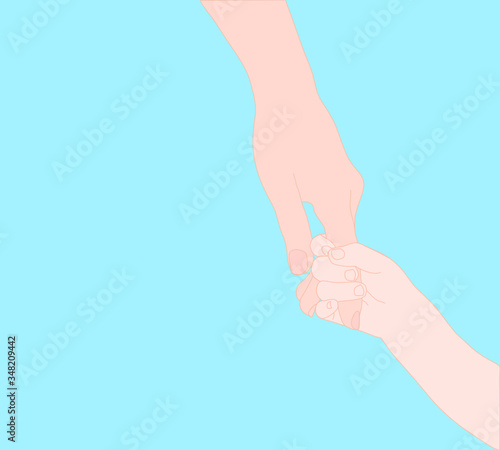 hand of child is gentle holding the finger of the mother with love and happy on the blue background. Family stay together. Holiday spending time. 