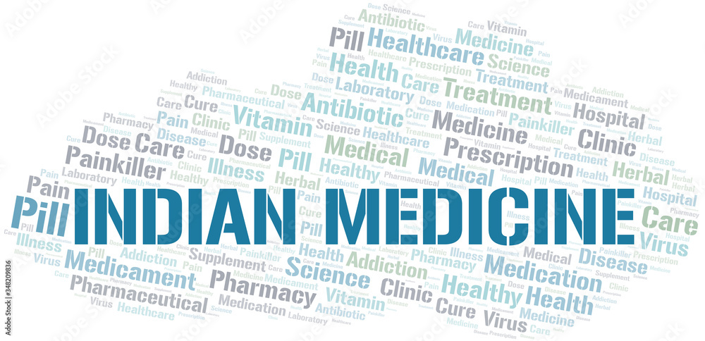 Indian Medicine word cloud collage made with text only.