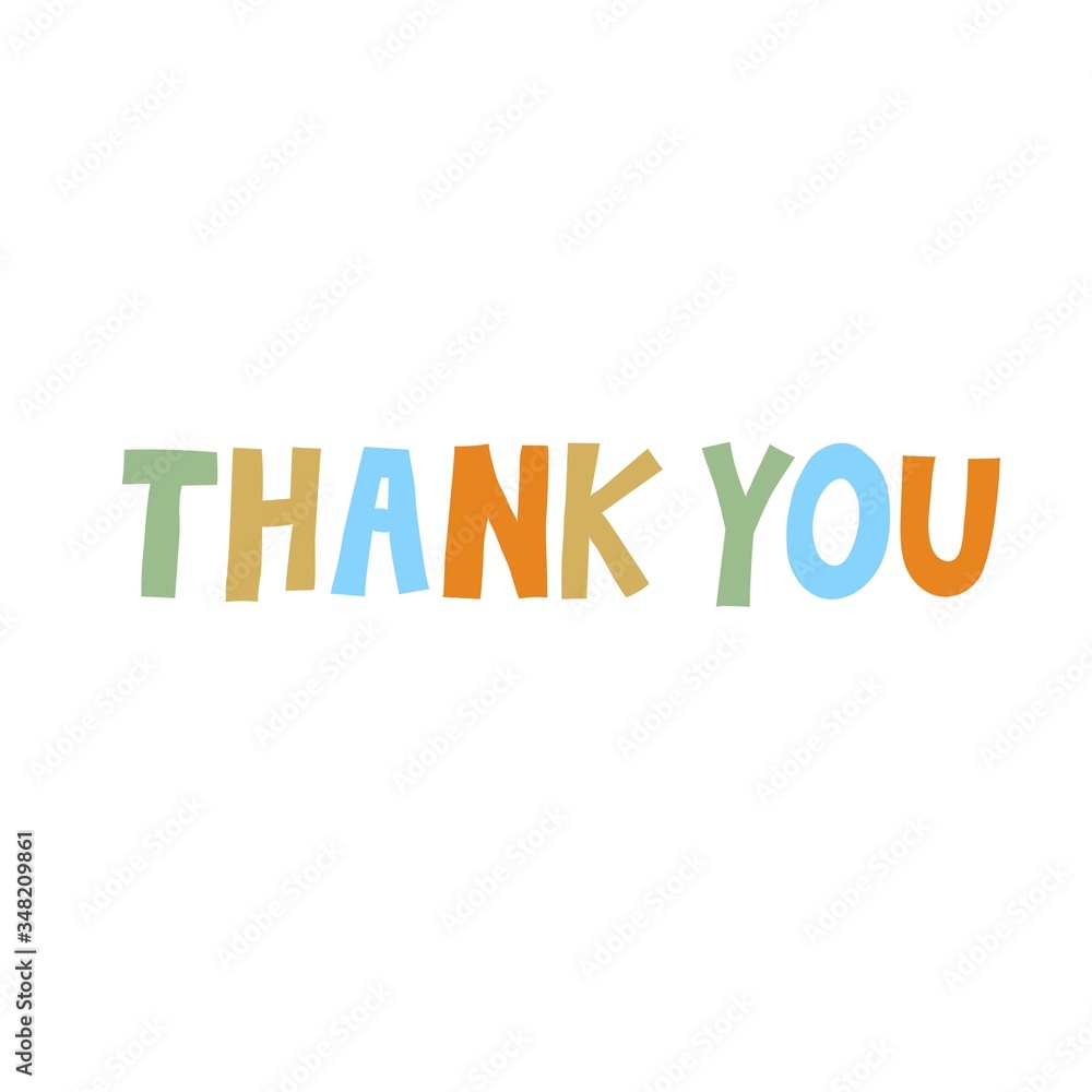 Thank you card. Multicolor lettering isolated on white background. Fun sign design for card, poster, banner, print. Stock vector illustration drawn by hand.