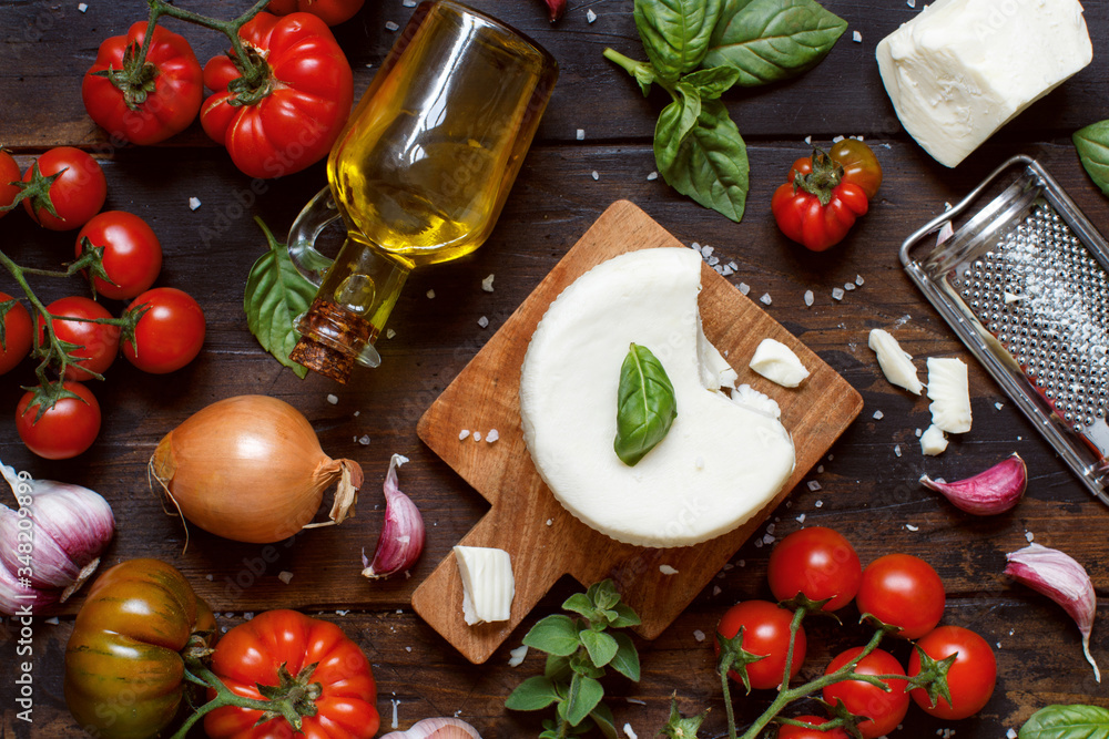South Italian cheese cacioricotta with vegetables, herbs and olive oil South Italian cheese cacioricotta with vegetables, herbs and olive oil