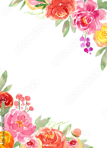 Watercolor loose style red, pink peach peonies, rose flower and green leaves corner frame. Modern trendy border template for invitation, banner, wedding, greeting card design. Poster with peony, rose