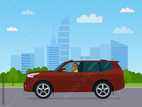 Fototapeta Naklejka Na Ścianę i Meble -  SUV car with a afro american man driving on a background of abstract cityscape. Vector flat style illustration.