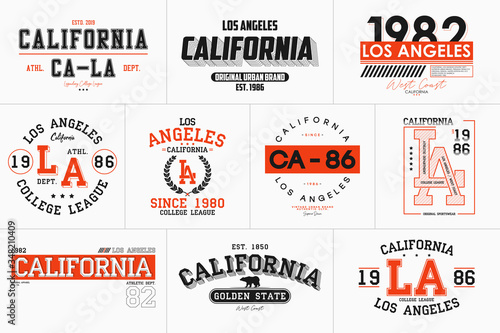 Set of California, Los Angeles prints for t-shirt. Typography graphics for college tee shirt. LA stamp collection for varsity apparel design. Vector.