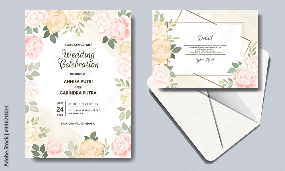 Elegant wedding invitation cards template with pink and blush roses  design Premium Vector