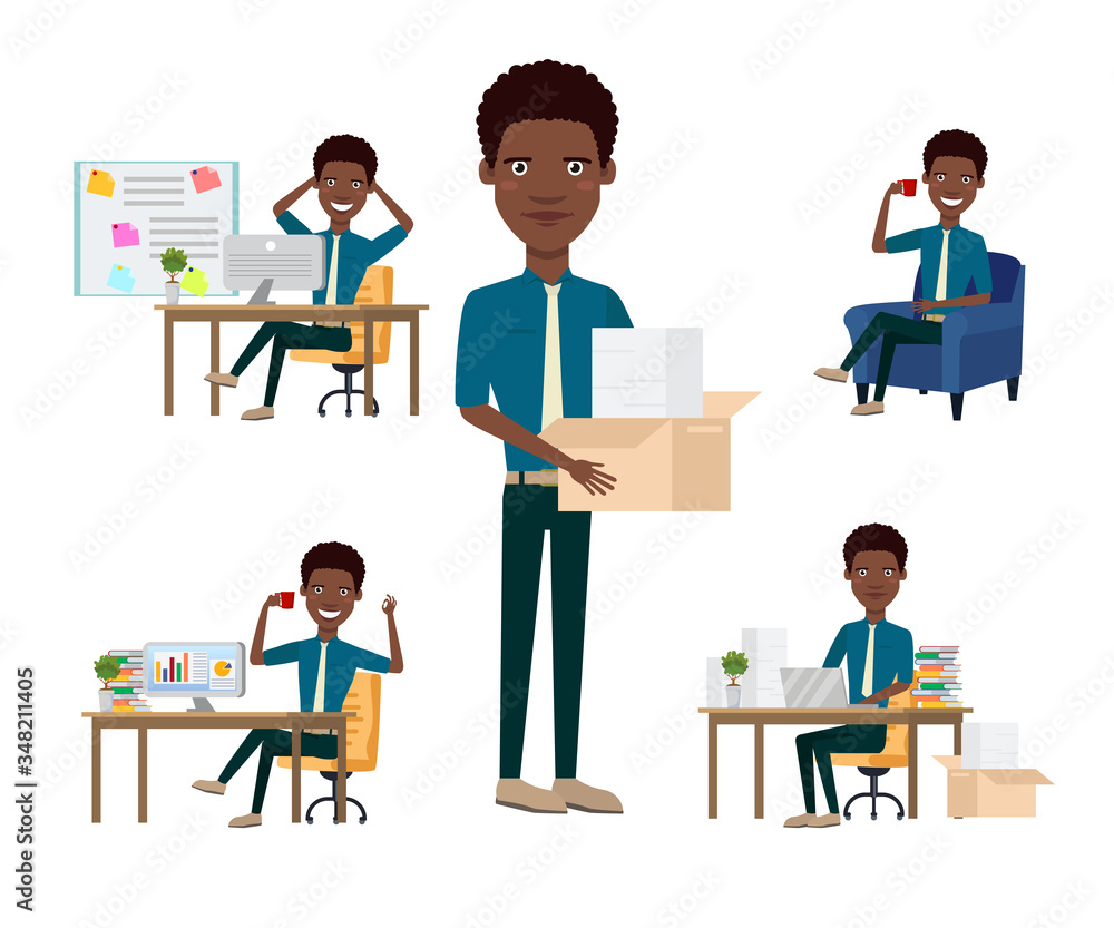 African office employee character set with different poses, emotions, gestures. Marketers desk, financial analyst, firing, coffee break. Can be used for topics like office work, business, manager African office employee character set with different poses, emotions, gestures. Marketers desk, financial analyst, firing, coffee break. Can be used for topics like office work, business, manager