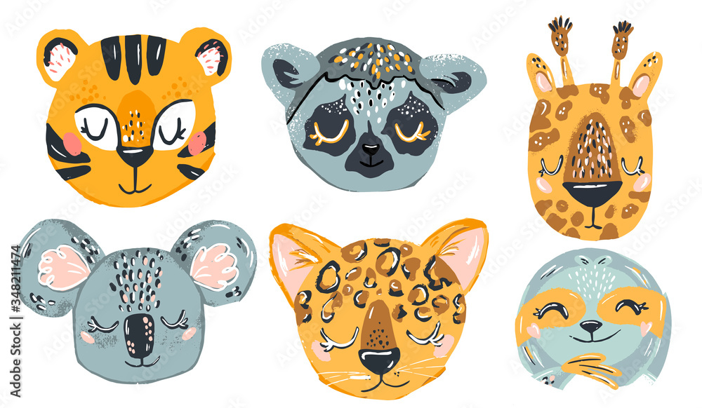 Cute animals hand draw doodle. Set of hand drawn smiling characters. Cartoon zoo. Chetah, tiger, coala, giraffe, lemur. Vector illustration Cute animals hand draw doodle. Set of hand drawn smiling characters. Cartoon zoo. Chetah, tiger, coala, giraffe, lemur. Vector illustration