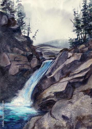 Watercolor  Khibiny mountains  waterfalls on the river Lyavoyok