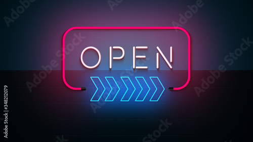 Open neon sign. white blue and pink glow. neon text. on wall background