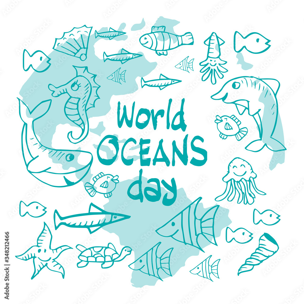 Fototapeta premium World ocean day hand drawn lettering and underwater animals.