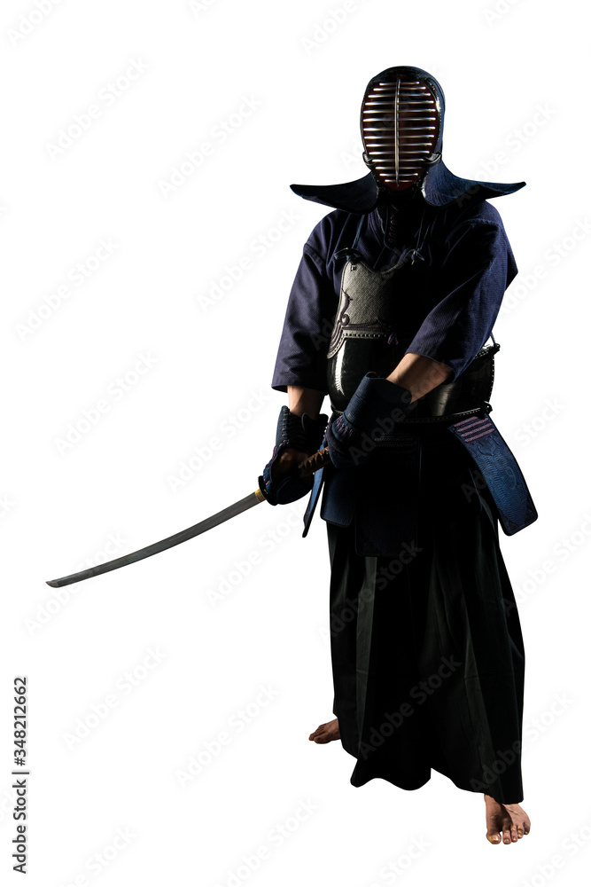 Male in tradition kendo armor with Samurai sword katana. shot in studio. Isolated on white background Male in tradition kendo armor with Samurai sword katana. shot in studio. Isolated on white background
