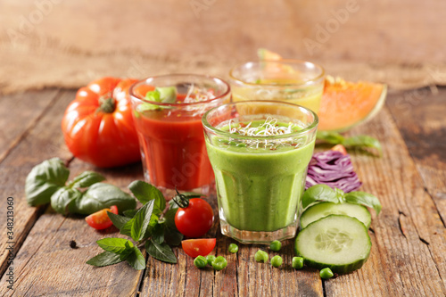 vegetable smoothie or gazpacho with tomato, basil, cucumber and melon
