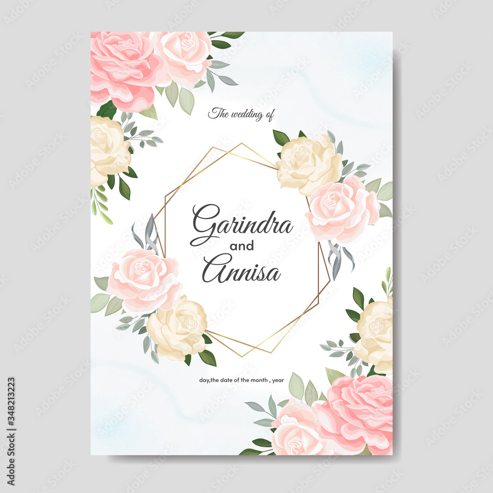 Elegant wedding invitation cards template with pink and blush roses  design Premium Vector
