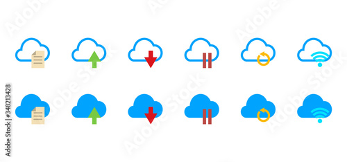 Icon set of cloud technology action, document upload,upload and dwonload speed , pause sync, cloud refresh, cloud refresh sync photo
