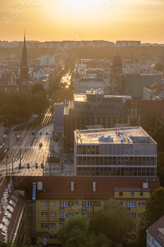 View of Szczecin from a high point. Sunset