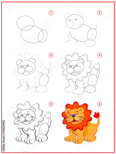 Page shows how to learn to draw step by step cute little toy lion. Developing children skills for drawing and coloring. Printable worksheet for kids school exercise book. Flat vector illustration.