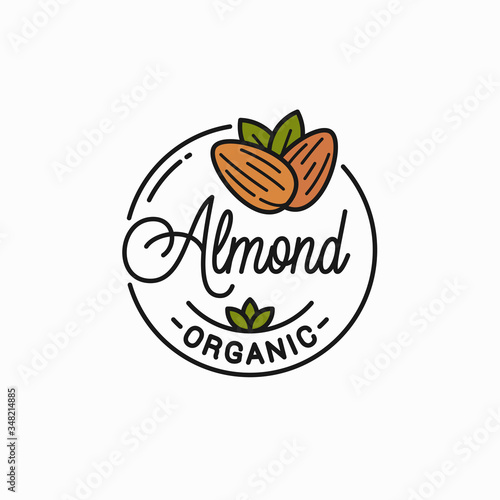 Almond nut logo. Round linear of almonds on white