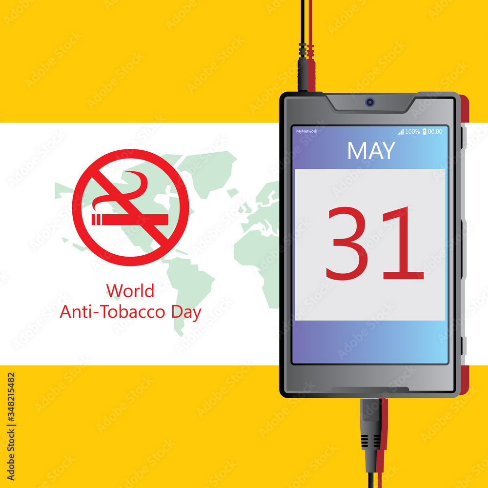 World Anti Tobacco Day graphic illustration. May 31. World map background and mobile phone with digital calendar interface. World Anti Tobacco Day graphic illustration. May 31. World map background and mobile phone with digital calendar interface.