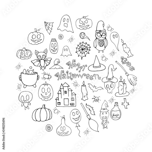 Happy Halloween.Set with elements for Halloween. Doodle style. Printing on posters. Autumn set for Halloween. Bat, Potion, pumpkins, dolls, balloon, candles, spider web, broom on a white background.