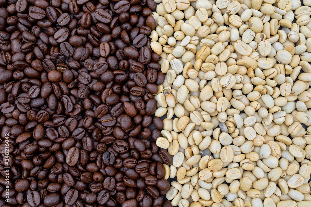 cup of coffee and bean on black wooden table background. top view cup of coffee and bean on black wooden table background. top view