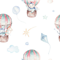 Wandcirkels Dieren met ballon patronen Pilootjes met vliegtuigen en wolken  © kris_art