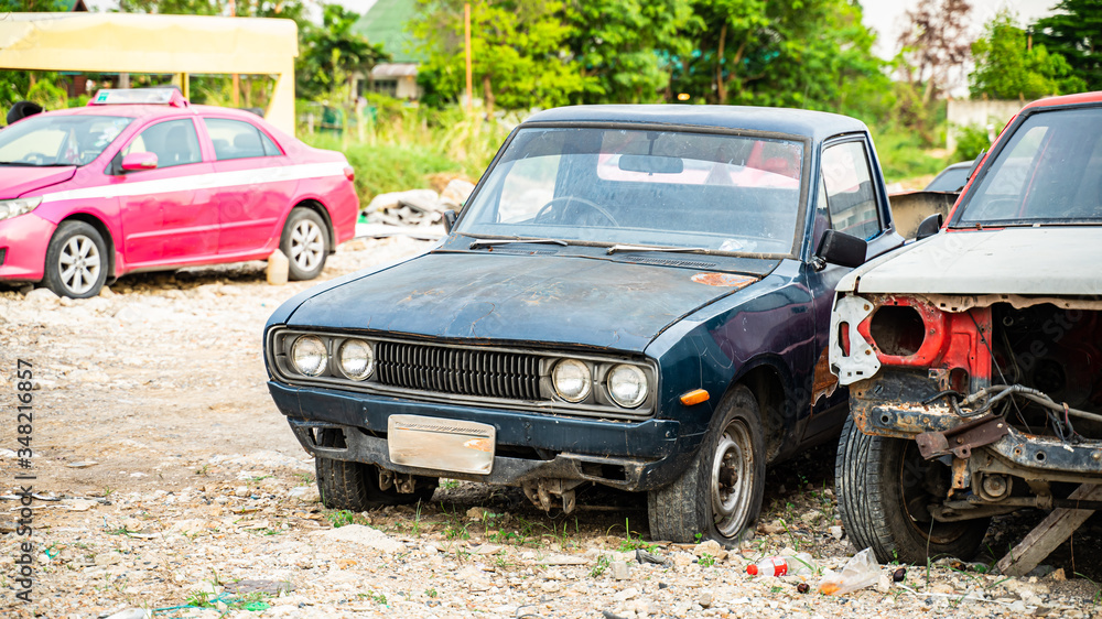 Pickup truck wreck has been abandoned. hit by a car And waiting for repairs ,Insurance concept , Crash Car Concept , Repair concept Pickup truck wreck has been abandoned. hit by a car And waiting for repairs ,Insurance concept , Crash Car Concept , Repair concept