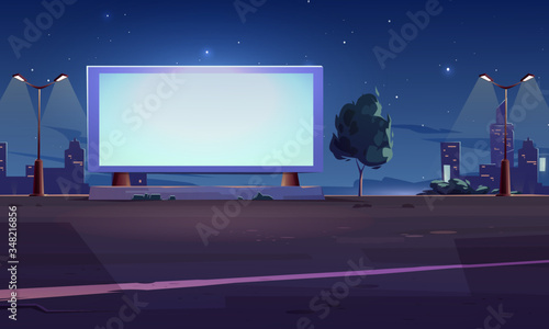 Blank billboard display on roadside with glowing street lamps on night cityscape background. Empty white LCD screen for advertising video presentation, outdoor cinema. Cartoon vector illustration