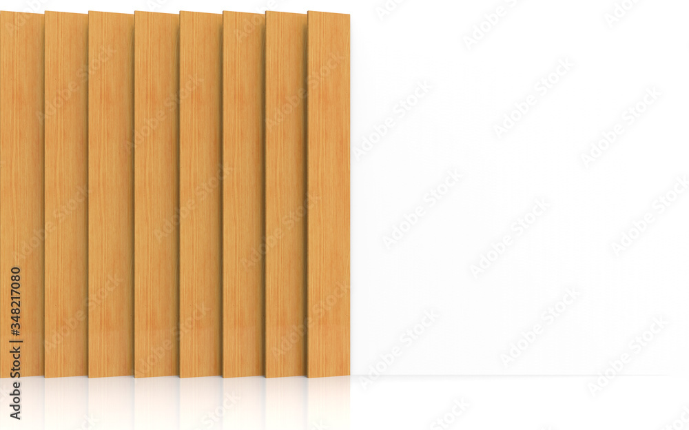 3d rendering. modern long vertical brown wood panel plate decorating on white wall design background.
