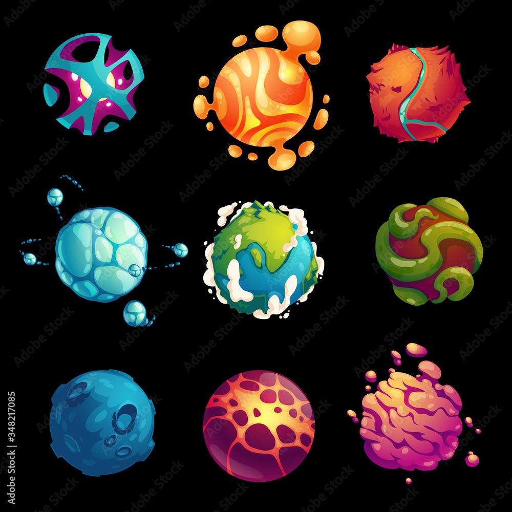 Fantasy space planets for ui galaxy game. Vector cartoon icons set of magic alien world and Earth, fantastic cosmic objects with bubbles, craters, holes and spiral. Fantastic astronomy collection