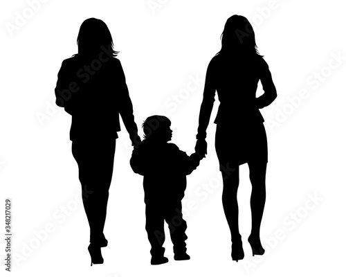 Families with little child walking on street. Isolated silhouettes of people on white background