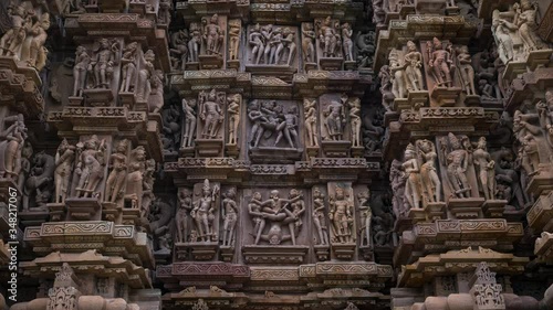 Erotic sculptures at the Parshvanatha temple, within the Khajuraho Group of Monuments in the Chhatarpur district, Madhya Pradesh, India, Asia