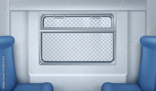 Train wagon interior with seats, window and gray wall. Vector realistic transparent glass window with metal frame and handles in metro, passenger compartment with blue chairs in railway transport