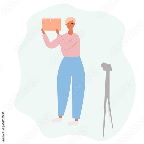 Woman video blogger shows the unpacking of the package. media services, lifestyle.  Cartoon vector illustration