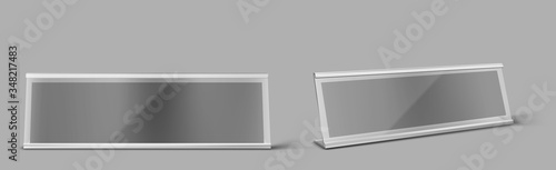 Table card holder, empty name plate. Vector realistic mockup of metal stand for identification tag for events front and angle view, steel frame for nameplate isolated on gray background