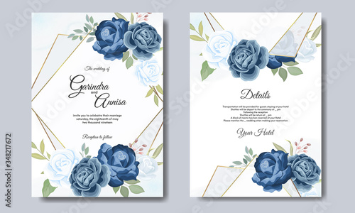 Beautiful floral frame wedding invitation card template with blue roses Premium Vector