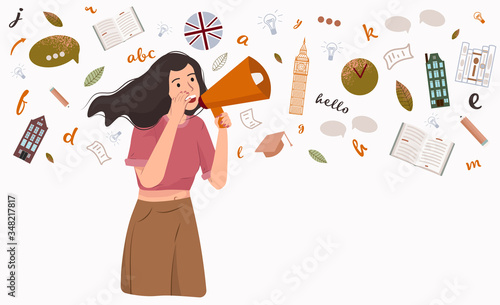 Concept of learning English language, vector flat illustration. Young woman announces a megaphone. Online learning, distance education foreign languages, communication with foreigners via the Internet