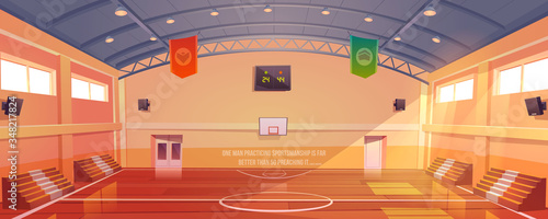 Basketball court with hoop, tribune and scoreboard. Vector cartoon illustration of empty school gym, sport ground with wooden floor, fan seats for game tournament and competition