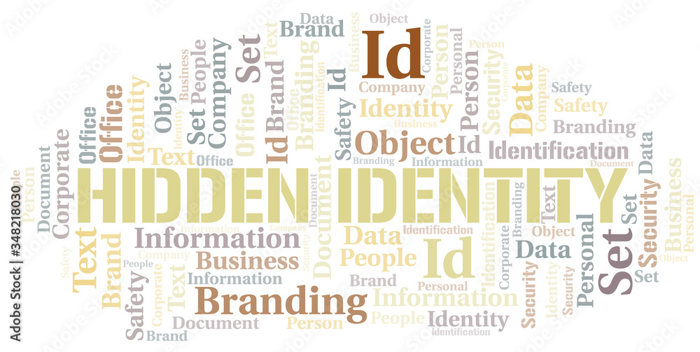 Hidden Identity word cloud collage made with text only.