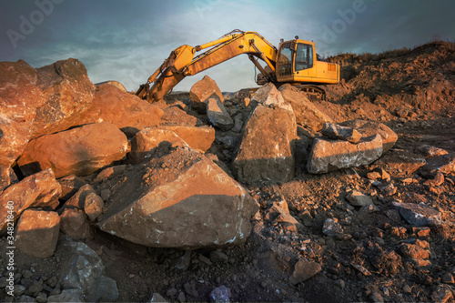 Industrial rock and stone mining with heavy machinery