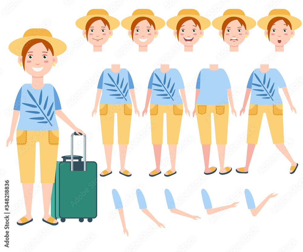 Happy female tourist in sun hat with luggage character set with different poses, emotions, gestures. Parts of body. Can be used for topics like travel, vacation, journey Happy female tourist in sun hat with luggage character set with different poses, emotions, gestures. Parts of body. Can be used for topics like travel, vacation, journey