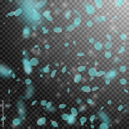 Turquoise flower petals falling down. Powerful rom
