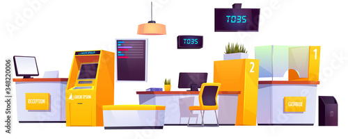 Bank interior stuff with ATM, automated teller machine, reception and customer service desk, cashbox, electronics queue scoreboard, visitor seats and litter bin isolatetd cartoon vector illustration