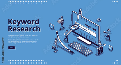 Keyword research isometric landing page. Seo keywording analysis tool. People and ai robots at huge pc monitor with long tail graph and magnifier. Optimization service 3d vector line art web banner