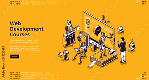 Web development courses isometric landing page. Ai robots and human communicate front of huge computer monitor. Online school, distance education classes, internet marketing 3d vector line art banner
