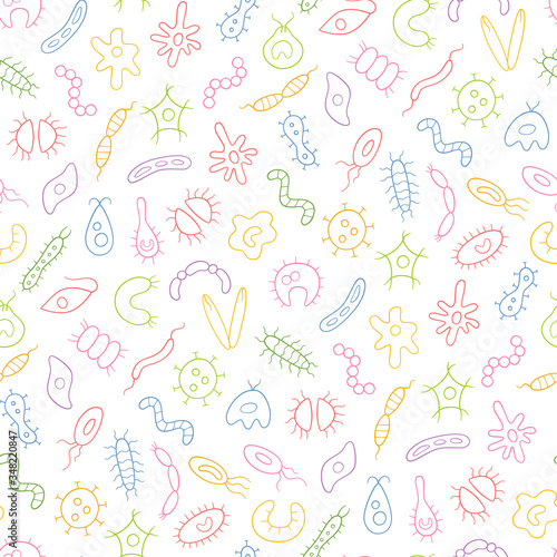 Germs, virus, bacterias and pathogen icons. Abstract color seamless vector pattern on white background