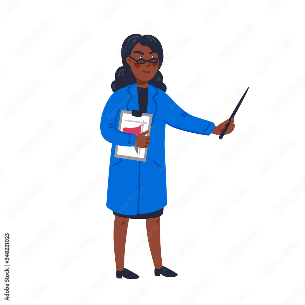 scientist - African American Woman scientist in lab coat holding pointer. Scientific research, fight against covid-19. Flat style vector illustration on white background. scientist - African American Woman scientist in lab coat holding pointer. Scientific research, fight against covid-19. Flat style vector illustration on white background.